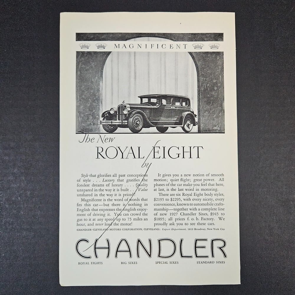1927 Magnificent Royal Eight by Chandler Automobile‎ Motor Car Vintage Print Ad